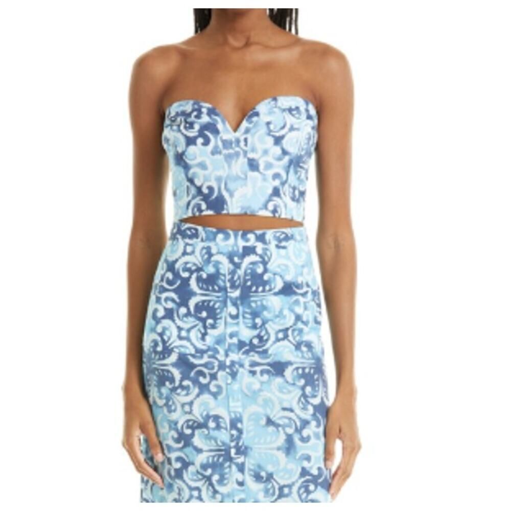 Alexis Isola Crop Top Women's Large Blue‎ Linen Blend Strapless Smocked Back NWT